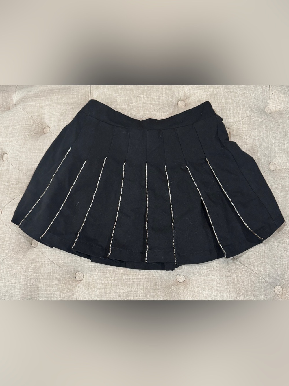 Black Pleated Mini Skirt with Rhinestone Trim